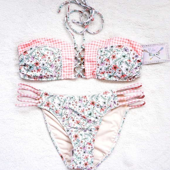 NWT White Floral Strappy Cheeky Bandeau Bikini Set - Picture 2 of 6